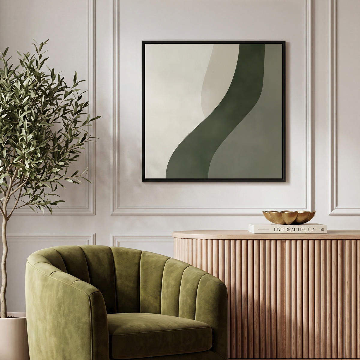 LEINWAND Bilder mit Rahmen - Japandi - Grün - Abstrakt - Modern - 50x50 - Salbeigrün, Textil (50/50cm) - MuchoWow