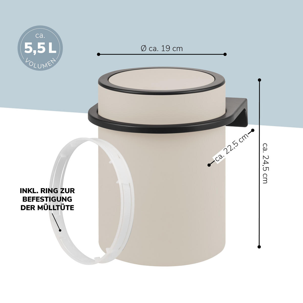 KOSMETIKEIMER SAVONA Softtouch, 5,5 Liter, beige - Beige, Kunststoff (22/24.5/22.5cm) - bremermann