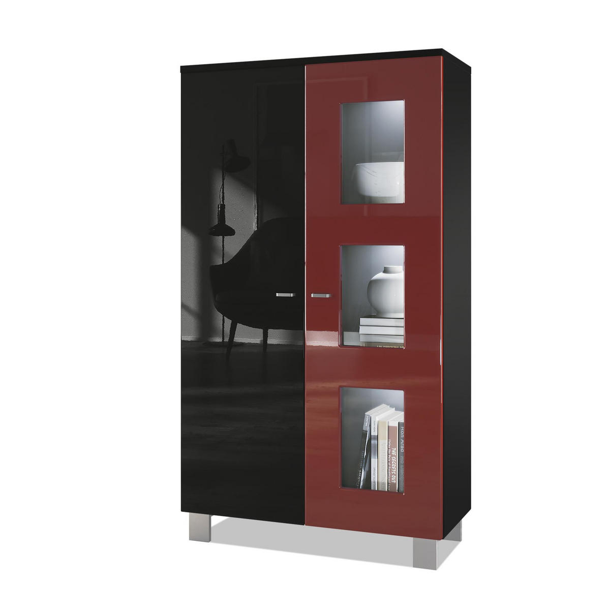 VITRINE Denjo Tür in Bordeaux Hochglanz - Bordeaux, Holzwerkstoff (71/129/35cm) - Vladon