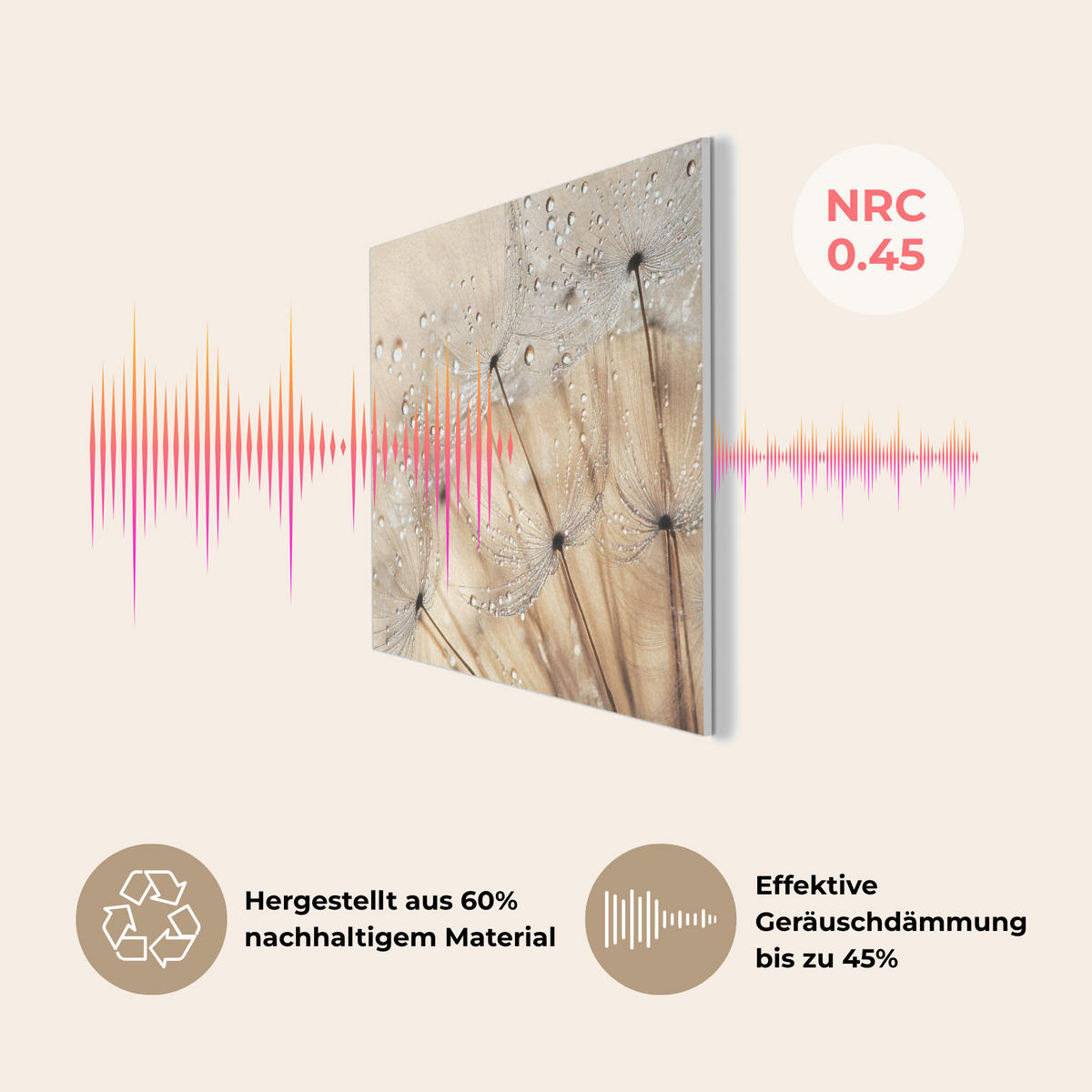 AKUSTIKPANEEL Löwenzahn - Abstrakt - Natur - Beige 80x60 cm - Braun, Textil (80/0.9/60cm) - MuchoWow