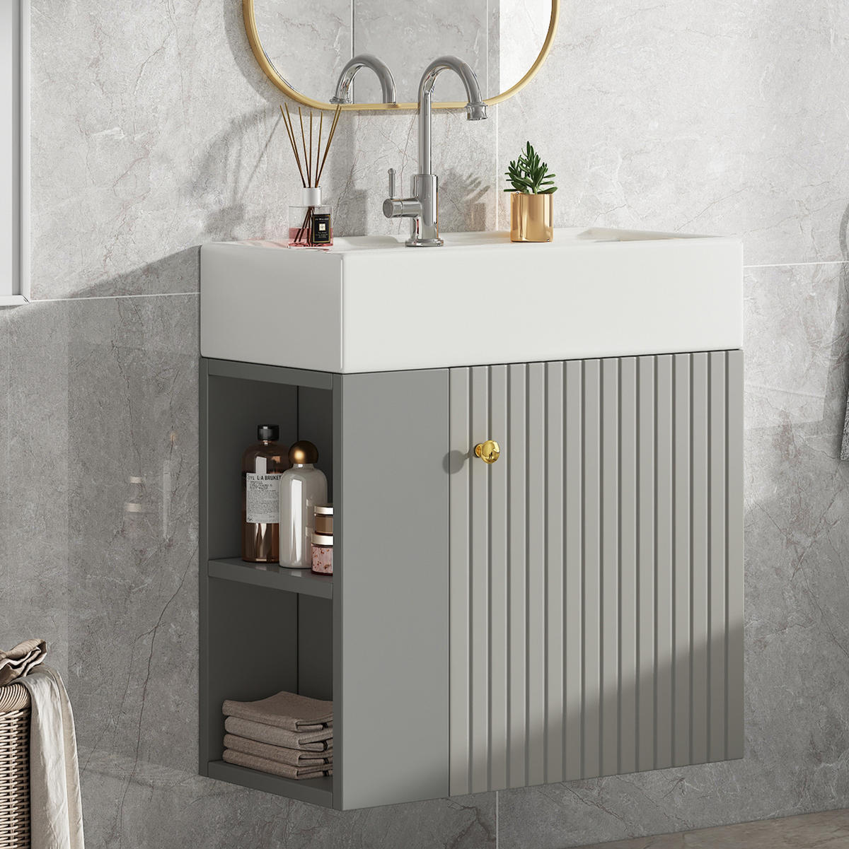 WASCHTISCHKOMBI 55 cm Grau/Weiß aus Spanplatte mit Keramikbecken und Soft-Close - Grau, Holzwerkstoff (55/66.5/31cm) - OKMYHOME