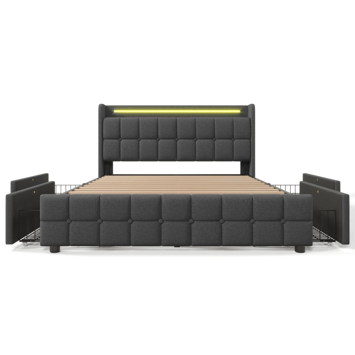 POLSTERBETT aus Leinen 160x200 cm in Grau mit LED & USB-Steckdosen - Grau, Holzwerkstoff (160/200cm) - Modfu