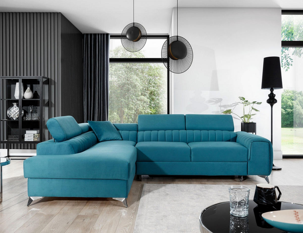 ECKSOFA Laurence mit Schlaffunktion & Bettkasten – 278 x 205 cm, verstellbare Kopfstützen - Blau, Kunststoff (278/205cm) - Wohnideebilder