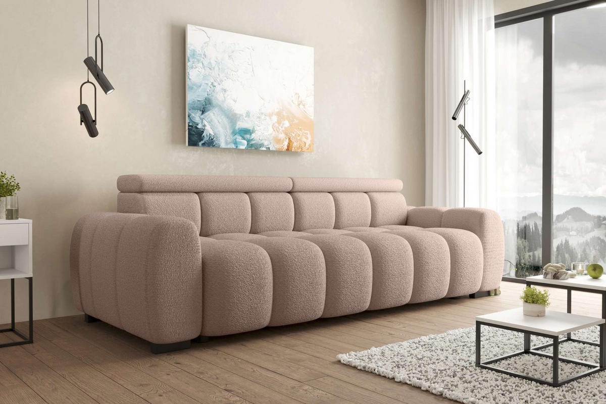 BIGSOFA ALESSIO Bouclé-Stoff Rosa mit elektrischer Sitztiefenverstellung - Rosa, Kunststoff/Textil (248/77/108cm) - 99rooms