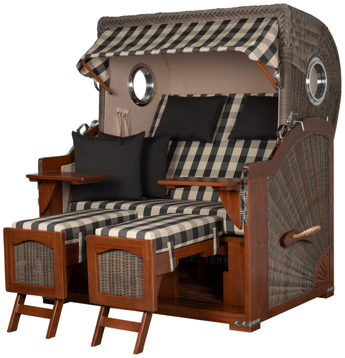 STRANDKORB Komplettset: Ammersee Grande XL Mahagoni Bullauge - PE grau - Modell 505 - Beige/Anthrazit, Holz/Kunststoff (142/165/95cm) - bene living