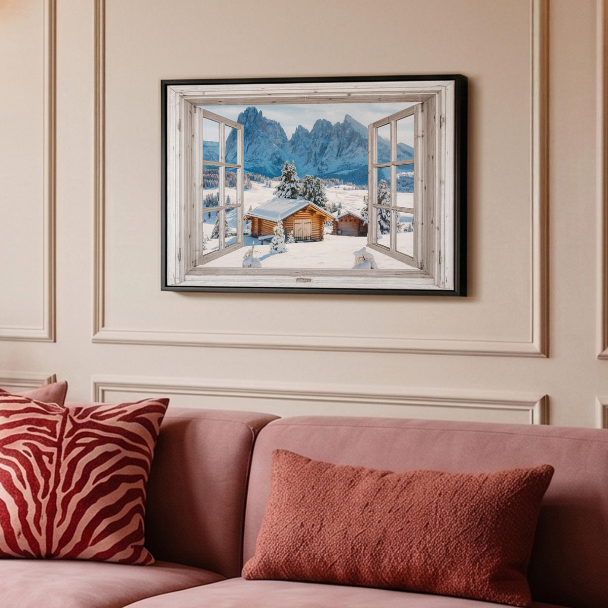 LEINWAND Bilder mit Rahmen - Winterlandschaft - Hütte - Berge - Ausblicke - Aussicht - Natur - 60x40 - Weiß Hochglanz, Textil (60/40cm) - MuchoWow
