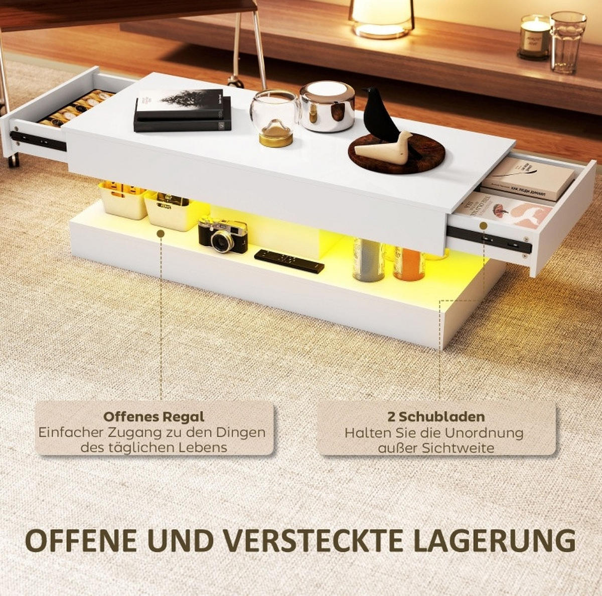 COUCHTISCH 120/50/42 cm mit LED-Beleuchtung, 2 Schubladen und offenem Fach aus Holzwerkstoff, Weiß - Weiß, Holzwerkstoff (120/50/42cm) - Redom