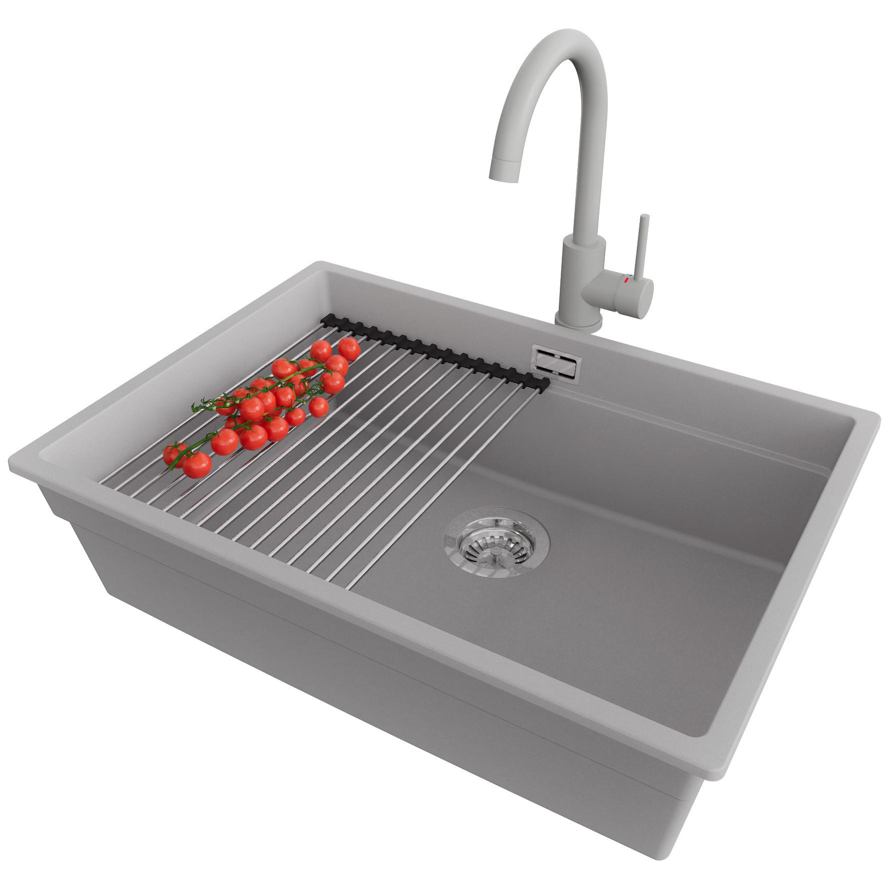 GRANITSPÜLE Praga Slim, 2-er set Grau 66/47 cm 1 Becken + Küchenarmatur 32/20 cm + Ablauf-Set + Aufrollbare Abtropffläche ab 70er Unterschrank - Chromfarben/Grau, Kunststoff (66/20/47cm) - Primagran