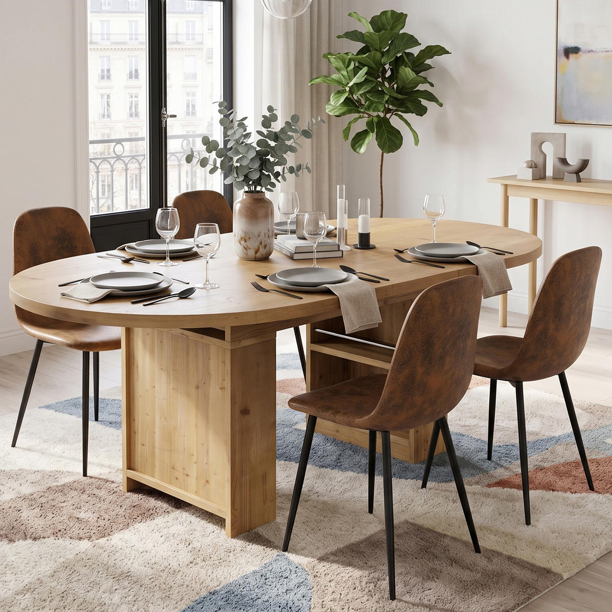 ESSGRUPPE 1+4 Ausziehbarer Tisch 150-200cm Eiche & 4 Vintage Stühle Braun - Eichefarben, Holzwerkstoff (200/76/90cm) - Urban Meuble