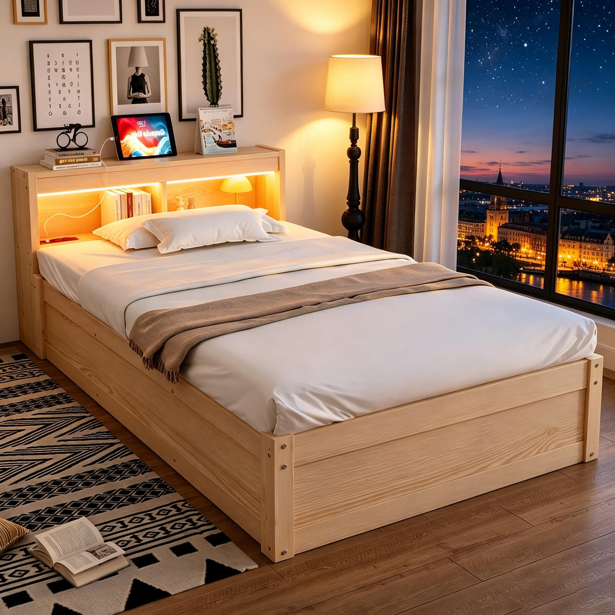 SCHLAFSOFA 90x200cm LED Stauraum Steckdose Massivholz - Naturfarben, Holzwerkstoff (90/200cm) - FLIEKS