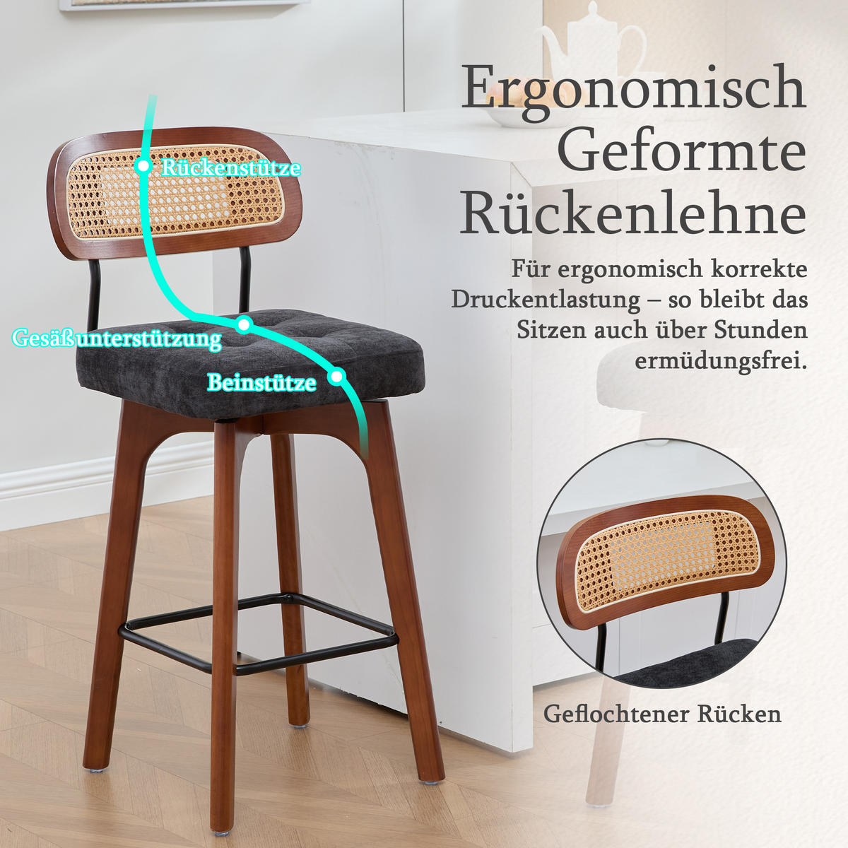 BARHOCKER 2er Set, 360° drehbar, Wiener Geflecht/Chenille, 67,5cm Sitzhöhe,Schwarz - Wildeiche/Schwarz, Holz/Textil (44/96/51cm) - LVHOM