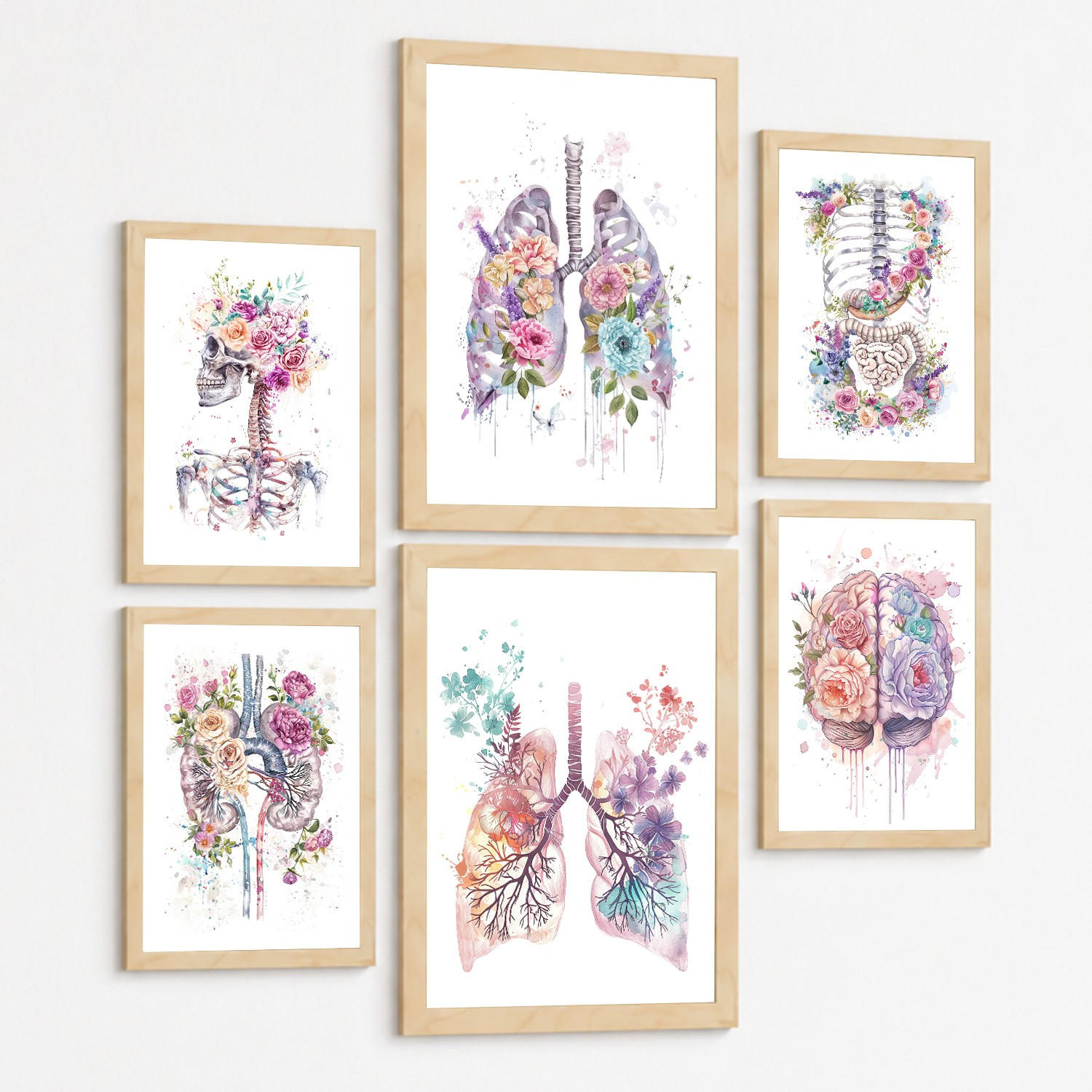 POSTER Set aus 6 Anatomie Mensch Florale Aquarell Drucke und mit Gehirn Lungen Skelett Nieren und Organen Botanische Größe Rahmenlos A3 & A4 - Klar, Papier (29.7/42/3cm) - Nacnic