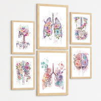 POSTER Set aus 6 Anatomie Mensch Florale Aquarell Drucke und mit Gehirn Lungen Skelett Nieren und Organen Botanische Größe Rahmenlos A3 & A4 - Klar, Papier (29.7/42/3cm) - Nacnic