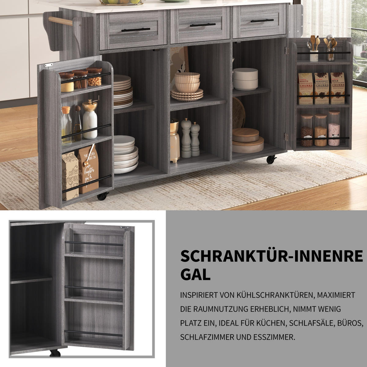 KÜCHENINSELWAGEN 139x71x91.5cm Grau mit Falttisch, Schubladen & Rollen - Grau, Holzwerkstoff (139/91.5/71cm) - Modfu