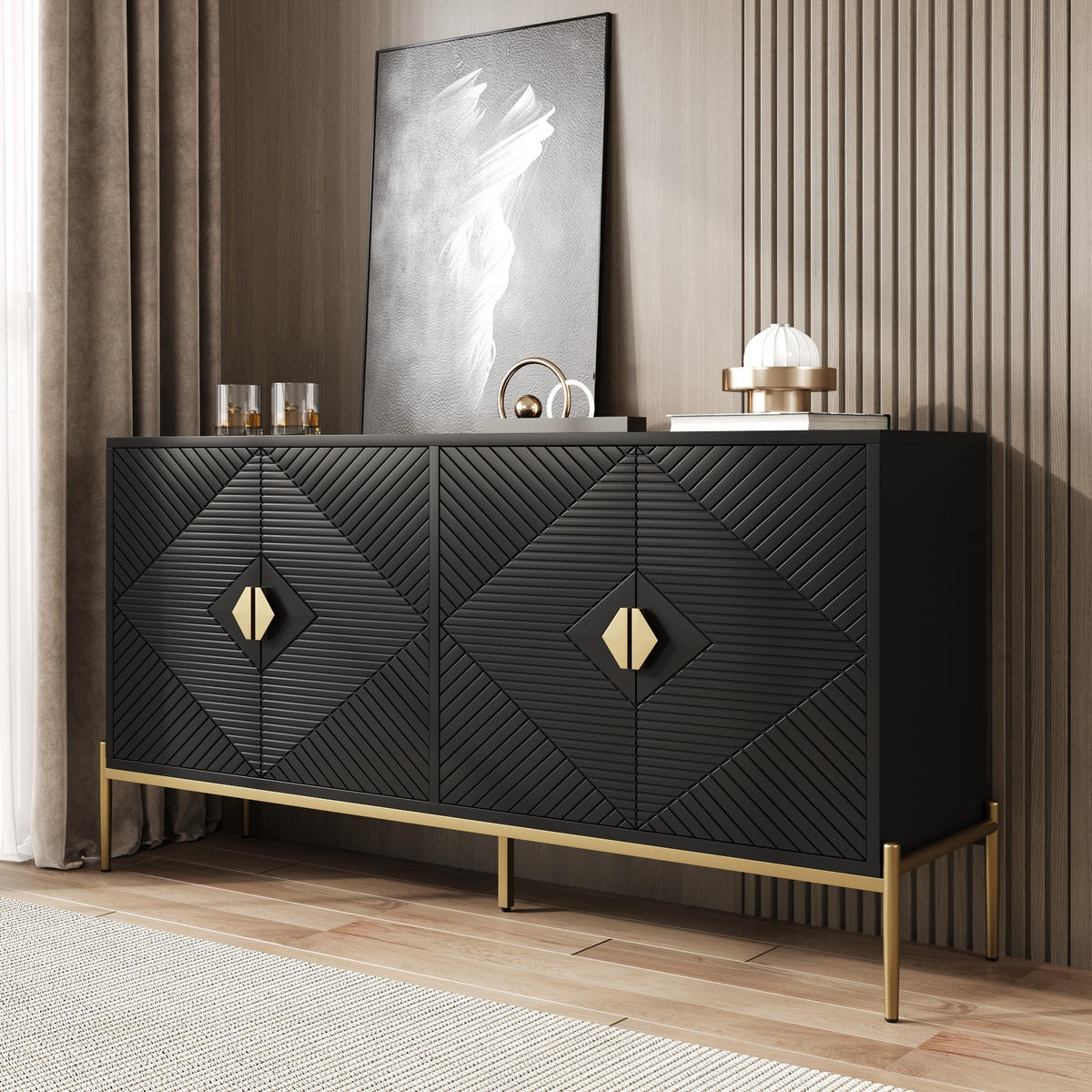 SIDEBOARD in Schwarz und Gold Anrichte mit 4 Türen und Metallgriffen für Wohnzimmer, Flur und Esszimmer, B162/T40/H80 cm - Goldfarben/Schwarz, Holzwerkstoff/Metall (162/80/40cm) - STILVORA
