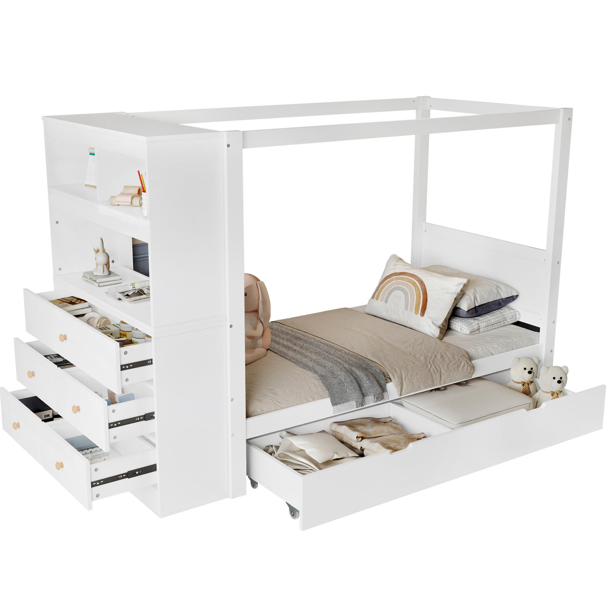 OKWISH JEDNOLŮŽKOVÁ postel 90x200 cm bílá z masivního dřeva a MDF s úložným prostorem a psacím koutem