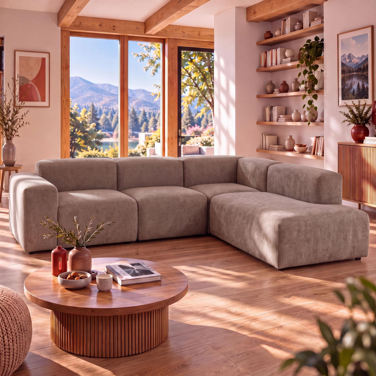 4-SITZER modulares Ecksofa HEAVEN SET 2 Rechts, Breite 300 cm Webstoff Braun - Schwarz/Braun, Holz/Kunststoff (245/300cm) - Muffo