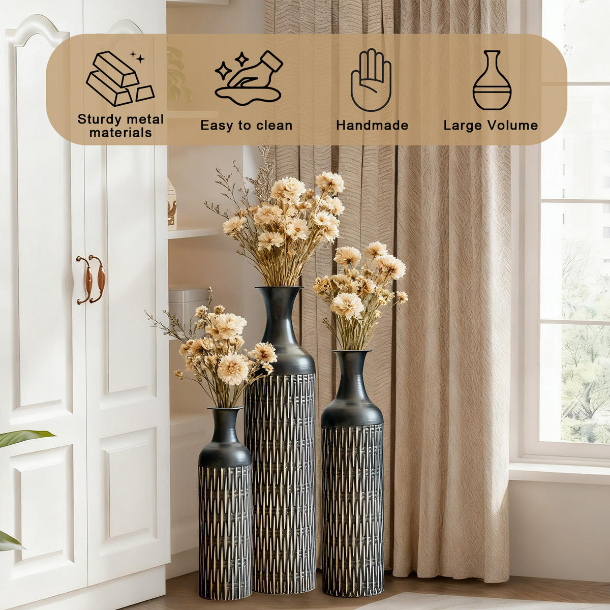 BODENVASE mit Rillenmuster, Metallvase 3tlg., Schwarz - Schwarz, Metall (83cm) - LVHOM