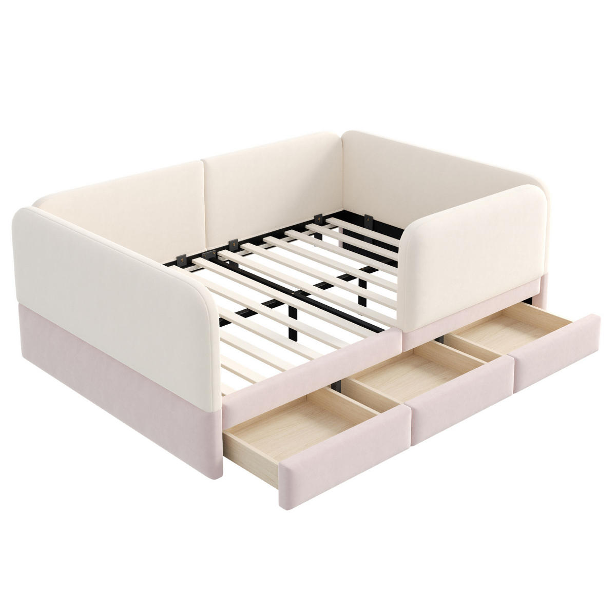 KINDER-POLSTERBETT 140x200 cm in Beige/Rosa mit 3 Schubladen und Sicherheitsumrandung - Beige, Textil (140/200cm) - IVMEU