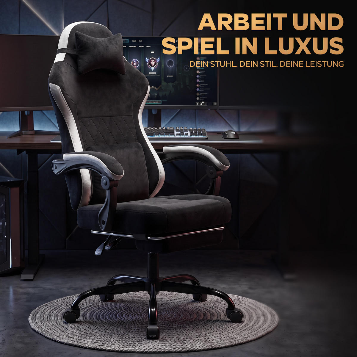 GAMINGSTUHL DE-40995 mit Nackenkissen und Rückenkissen Schwarz/Weiß - Weiß, Metall (58.5/120.5/63cm) - ComfortXL