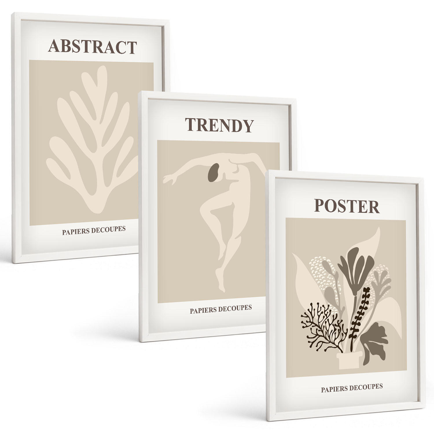 BILDER SET 3er Set - 40x60 cm Weißer Rahmen - Blumenmuster beige braun - Weiß, Kunststoff (40/60cm) - TULUP