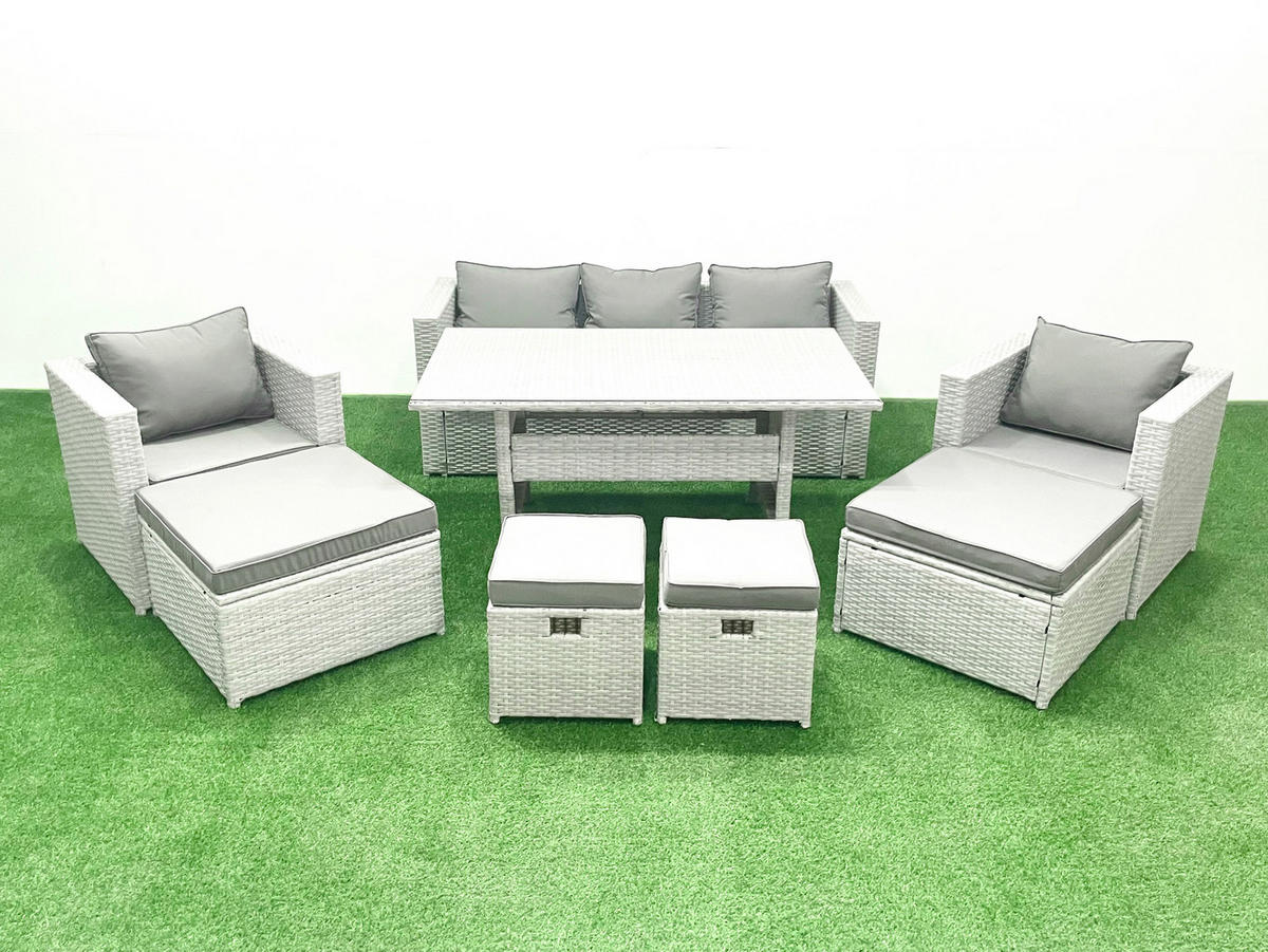 GARTENSET mit Esstisch,Sofa,3 Fußhocker,2 Stühle Polyrattan Hellgrau 9-Sitzer - Hellgrau/Grau, Glas/Kunststoff - Fimous