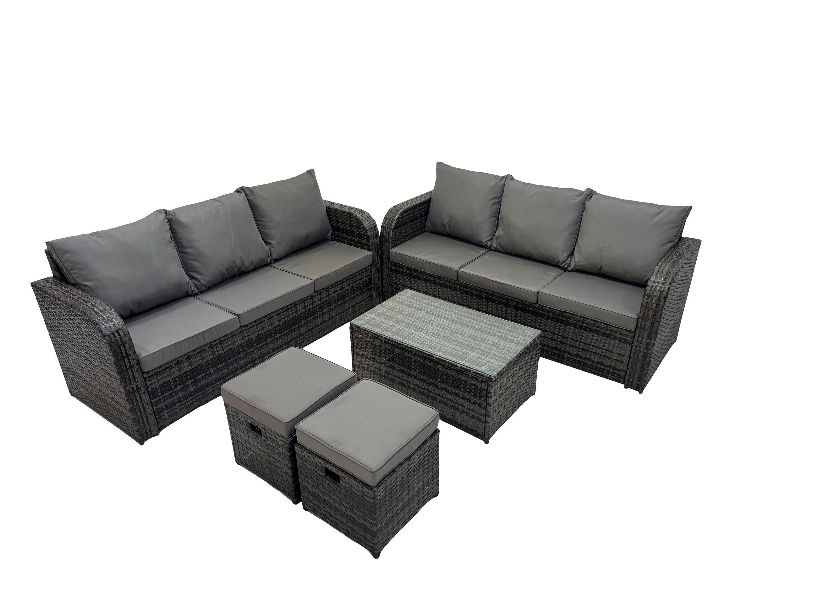 GARTENMÖBEL-SET mit Kissen Polyrattan Dunkelgrau 8-Sitzer - Dunkelgrau/Grau, Glas/Kunststoff - Fimous