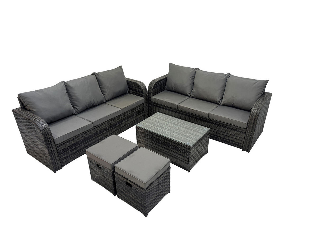 GARTENMÖBEL-SET mit Kissen Polyrattan Dunkelgrau 8-Sitzer - Dunkelgrau/Grau, Glas/Kunststoff - Fimous