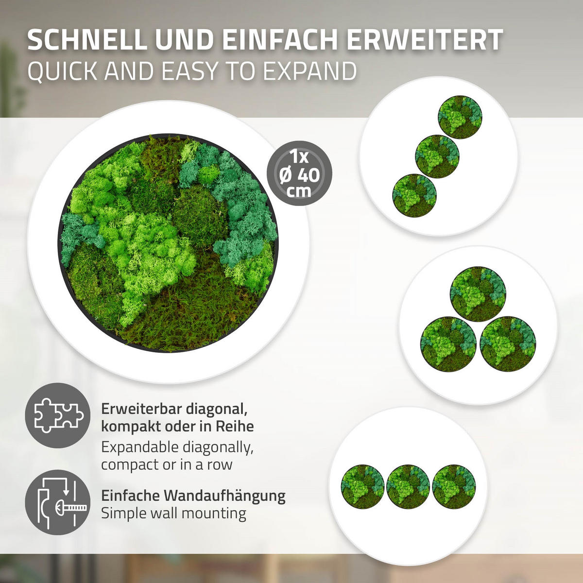 MOOSBILD Rund Ø 40 cm Mooswand Indoor mit echtem echtem Kugelmoos-Islandmoos-Flachmoos-Mix und Holzrahmen Grün - Waldgrün, Naturmaterialien (40/40/3cm) - ECD-Germany
