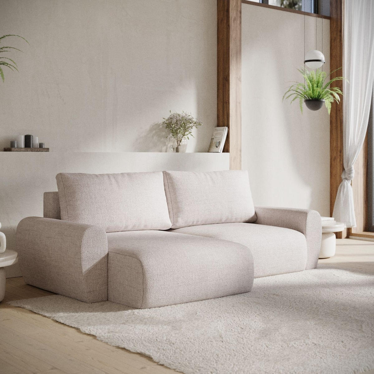 ECKSOFA OMARI mit Schlaffunktion Hellbeige im Neve Stoff - Sandfarben/Schwarz, Holz/Holzwerkstoff (253/153cm) - AltaBeds