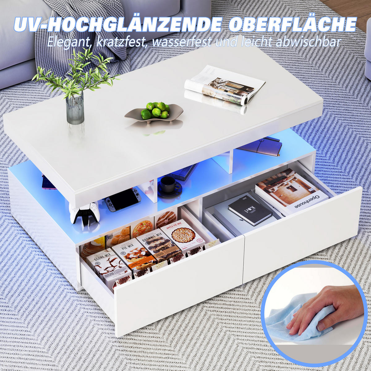 COUCHTISCH mit LED Stauraum Schublade 104x53x46 cm - Weiß, Holzwerkstoff (104/53/46cm) - SHOPENTRA