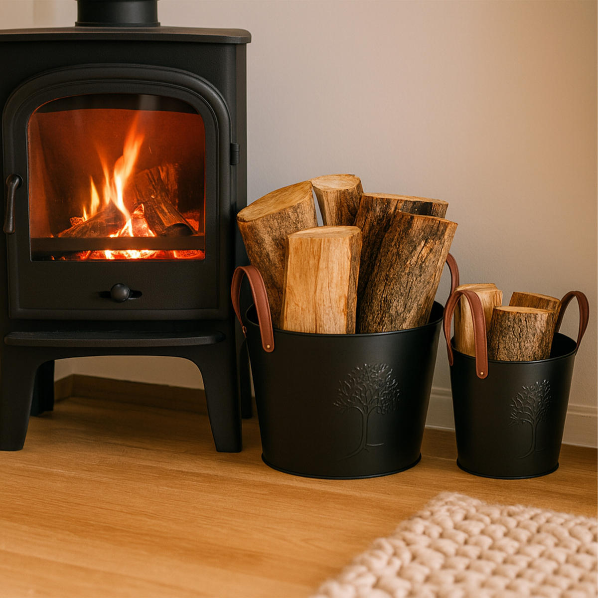 2XKOŠÍK na drevo - čierna, kov/koža (45/35/45cm) - Relaxdays