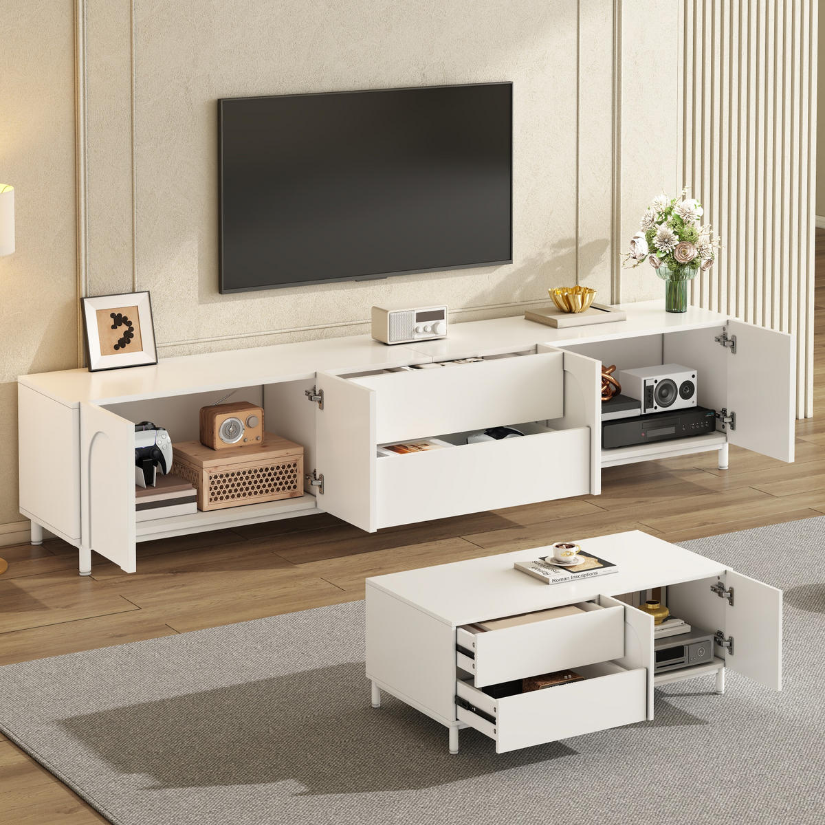 TV-RACK 2tlg. Wohnzimmerset 180cm +Couchtisch BogenmusterTüren Weiß - Weiß, Holz (54.99/13/110.01cm) - Raelunyi