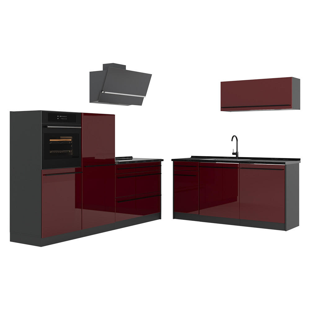 KÜCHENZEILE R-Line, Rot Hochglanz/Anthrazit, 220 cm ohne Arbeitsplatte - Anthrazit/Rot, Holzwerkstoff (220/143/46cm) - Vicco