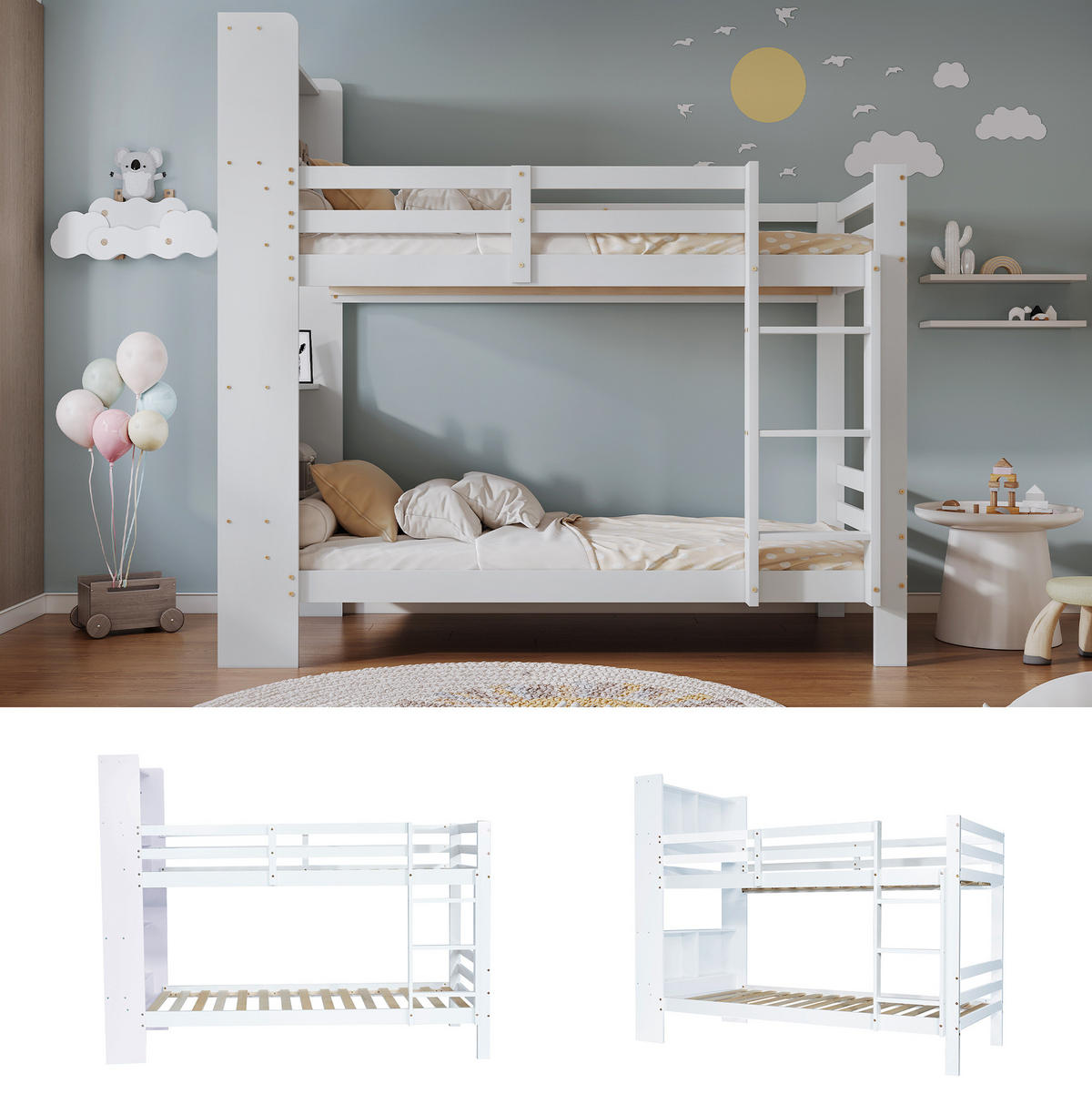 ETAGENBETT 90/200 cm Weiß mit Regalen und sicherer Leiter aus Massivholz - Weiß, Holzwerkstoff (90/200cm) - OKWISH