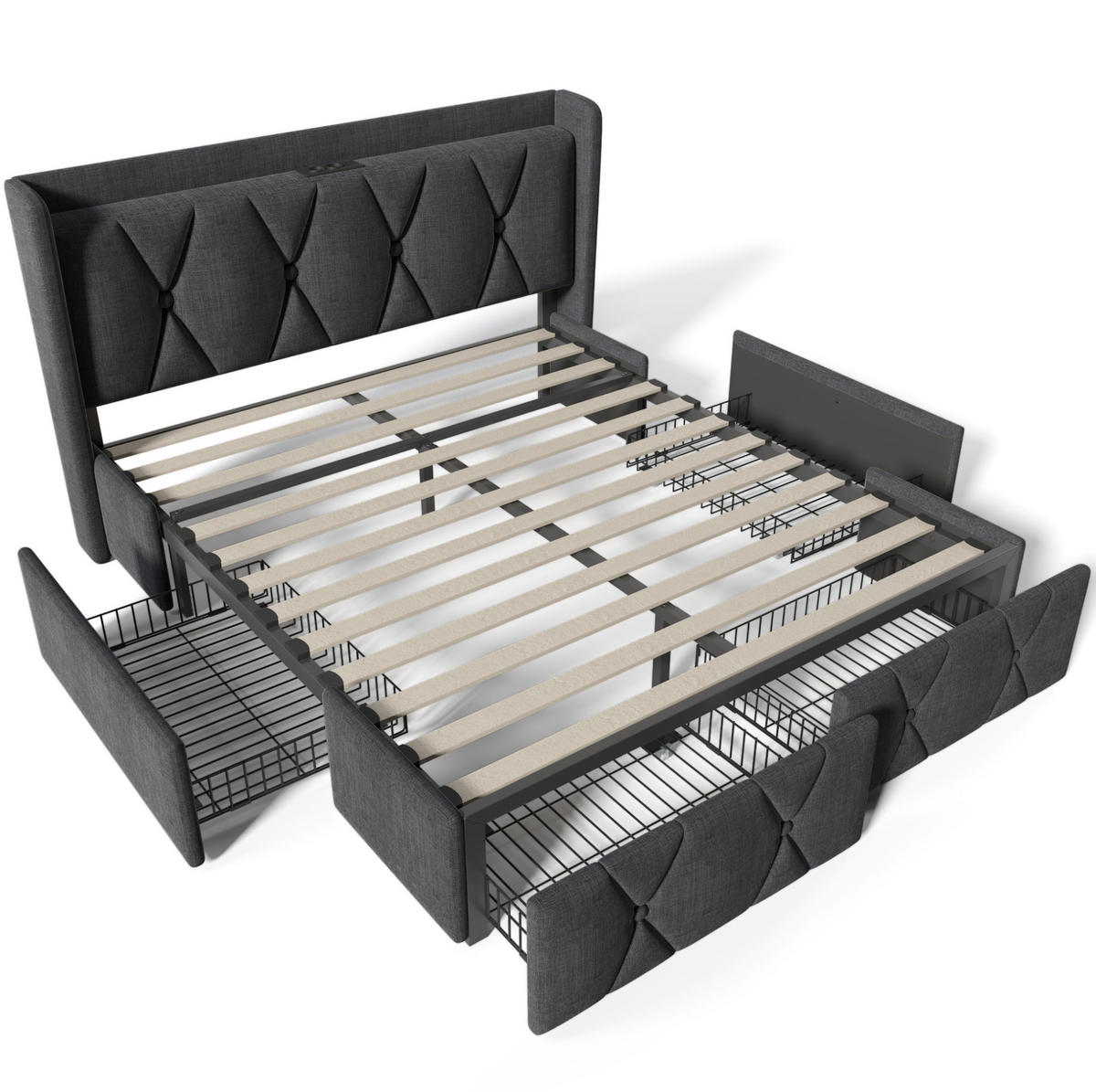 POLSTERBETT 160/200 cm mit USB-Anschlüssen, Steckdosen und 4 Schubladen, Leinenoptik, Grau - Grau, Textil (160/200cm) - Redom