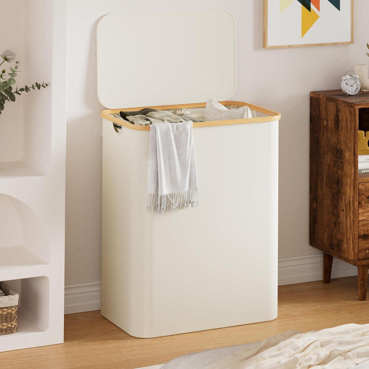 WÄSCHEKORB mit Deckel 3 Fächer 160L Beige - Creme, Naturmaterialien (37/74/57cm)
