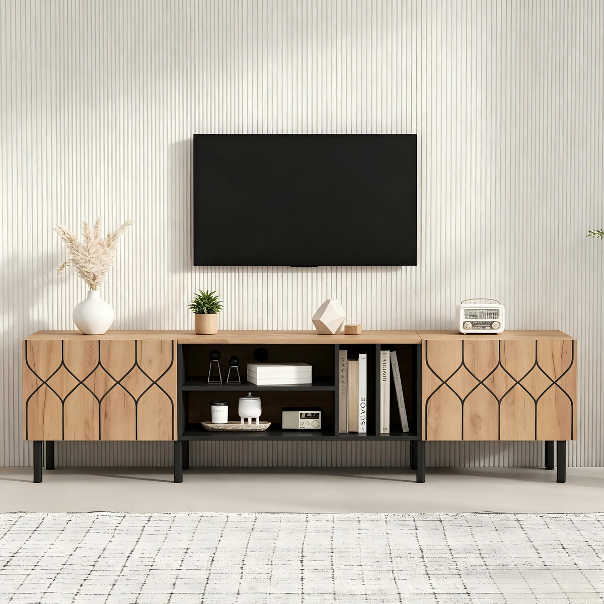 TV-RACK 180x40x50cm Lowboard für 70-Zoll Fernseher Naturfarbenholz-Schwarz - Schwarz, Holz (49/16/64.01cm) - Raelunyi