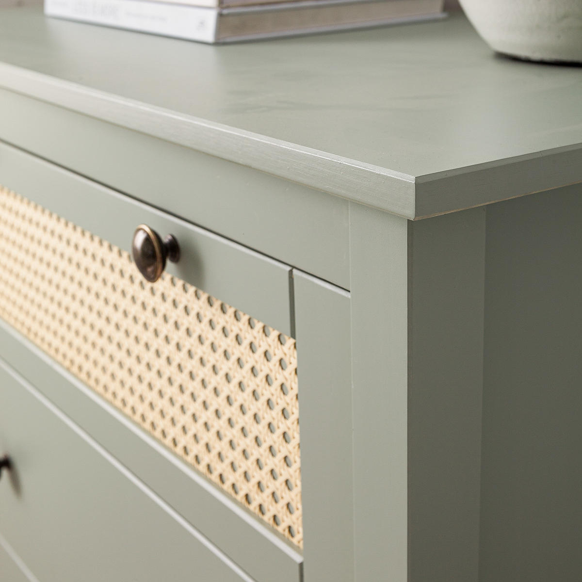 KOMMODE - Kiefer massiv / Wiener Geflecht - Olivgrün, Holz (76/100/40cm) - home24