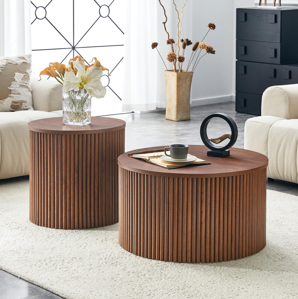 COUCHTISCH-SET 65/65/40 cm 2-teilig mit Stauraum und geriffeltem Säulendesign, Walnuss - Walnussfarben, Holzwerkstoff (65/65/40cm) - Redom