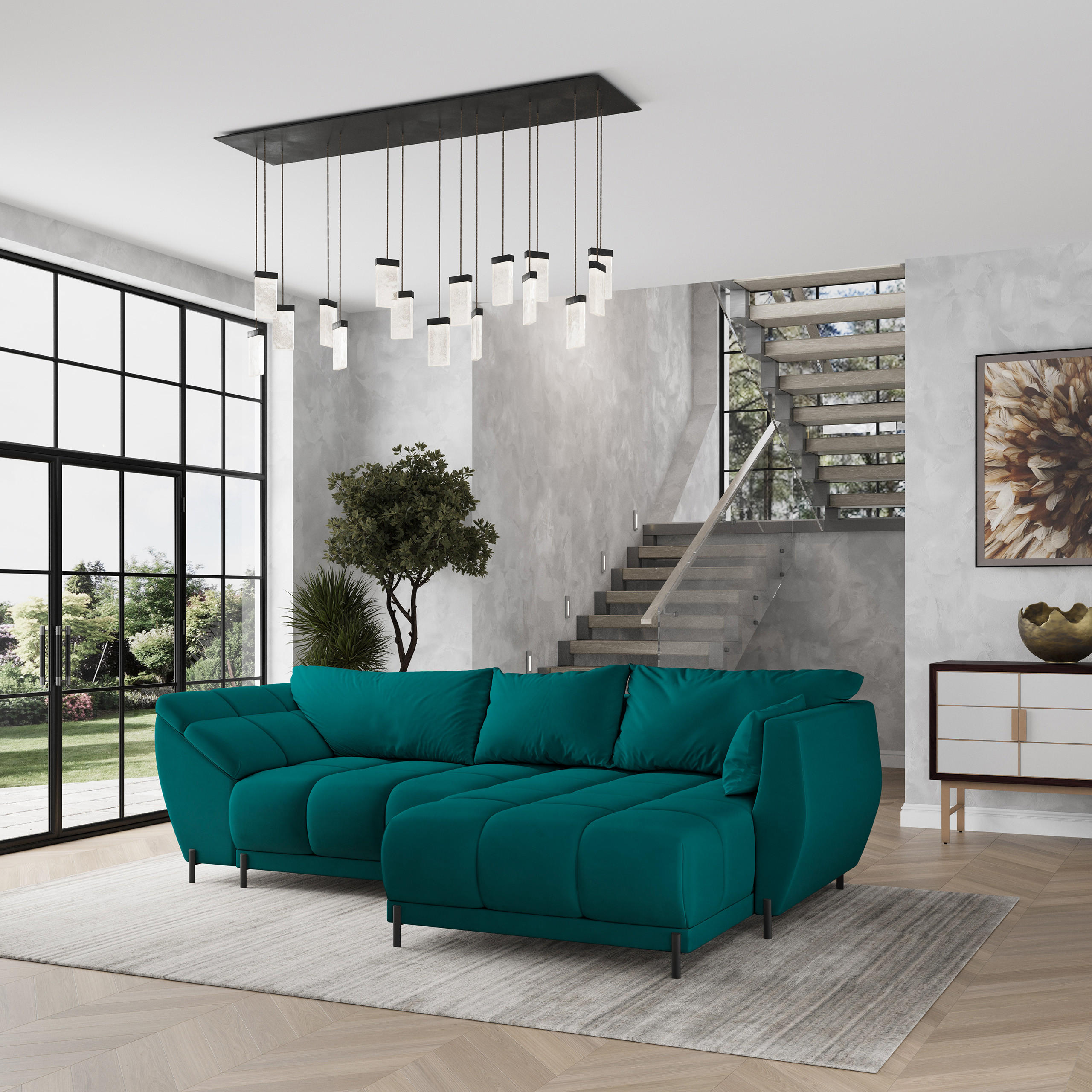 ECKSOFA VESTANO R-S Blau Velours-Stoff mit Schlaffunktion - Blau, Holz (287/182cm) - MASSENO