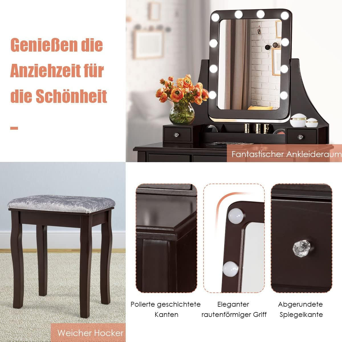 SCHMINKTISCH mit hocker Braun - Braun, Holz (80/136/40cm) - COSTWAY