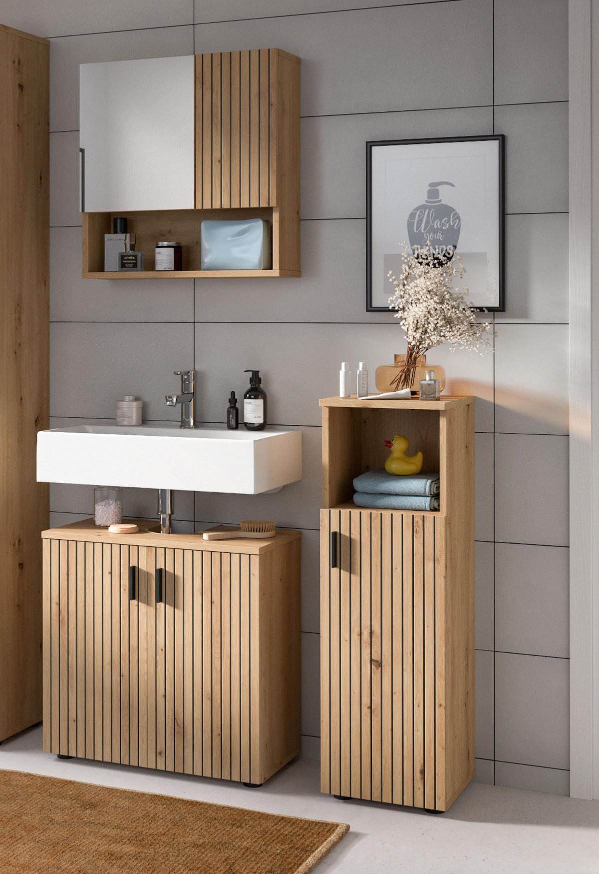 KOMMODE Eiche 30 x 95 cm, Badschrank mit Rillen - Schwarz/Eiche Artisan, Holzwerkstoff/Kunststoff (30/95/30cm) - Inn.Furn