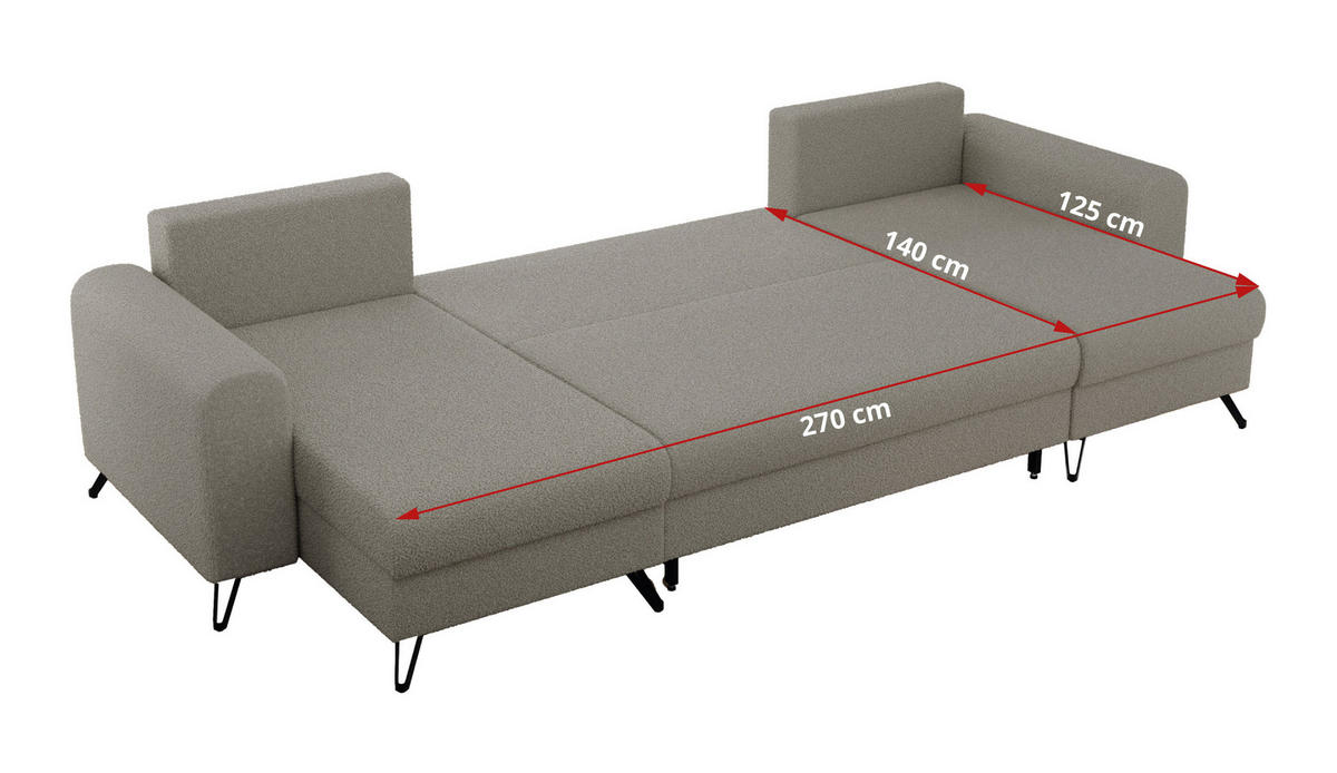 WOHNLANDSCHAFT AXEL U Boucle Hellgrau - Hellgrau/Schwarz, Textil/Metall (312/90/140cm) - MKS