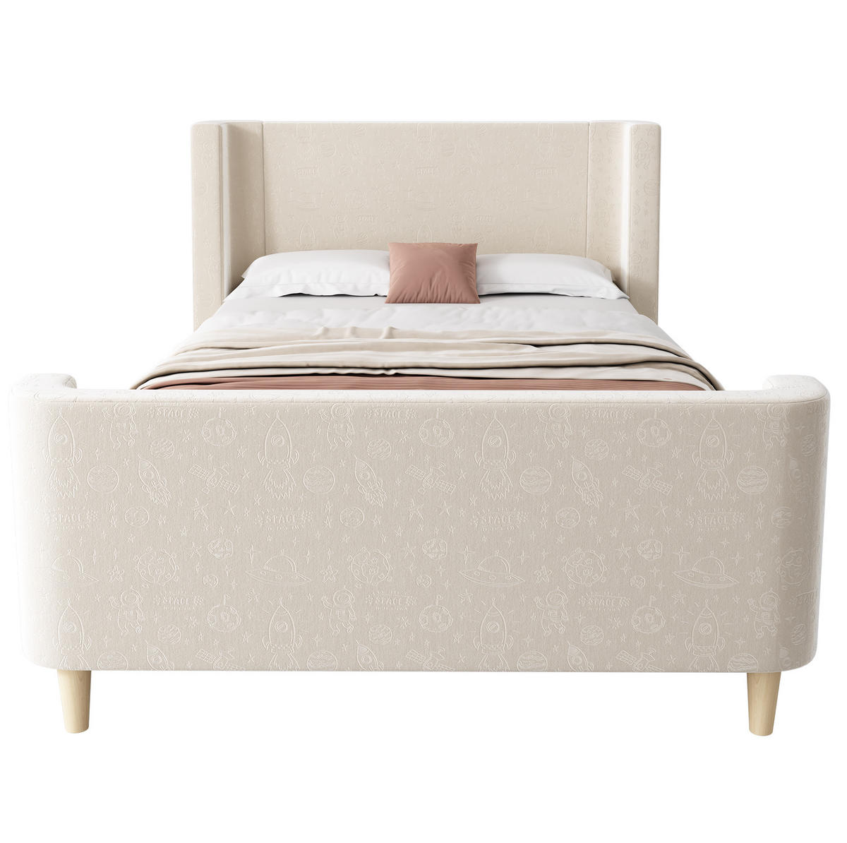 KINDERBETT 90/200 cm Beige mit Cartoon-Weltraummuster - Beige, Textil (90/200cm) - OKWISH