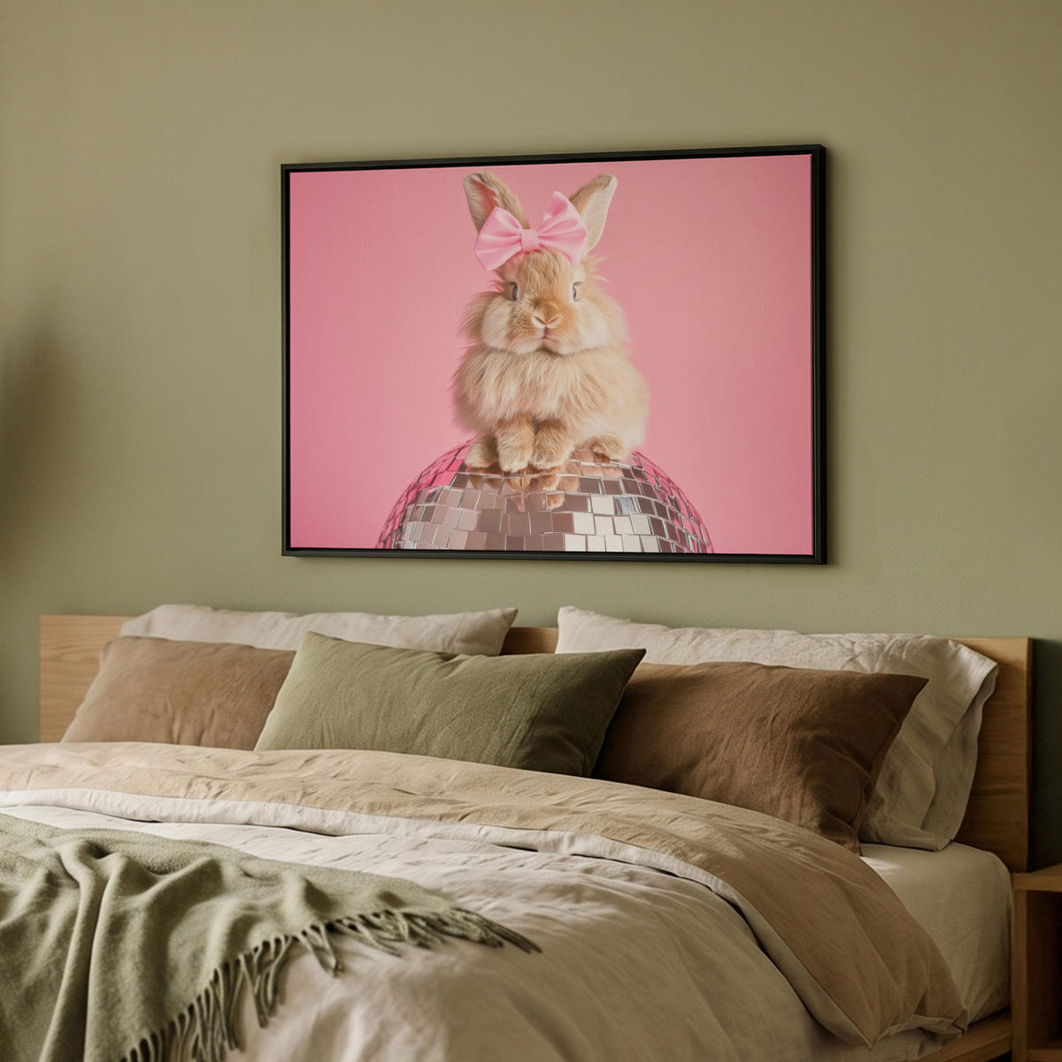 LEINWAND Bilder mit Rahmen - Schleife - Discoball - Kaninchen - 70x50 - Pink, Textil (70/50cm) - MuchoWow