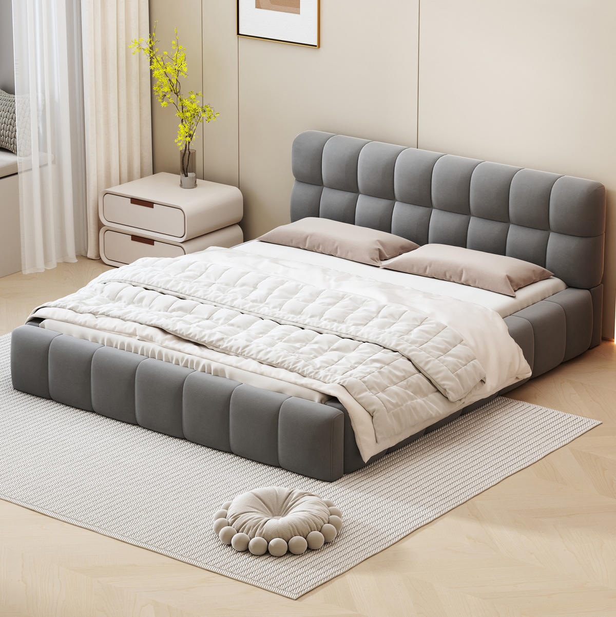 POLSTERBETT 140/190 cm mit Rückenlehne in Grau, Doppelbett mit Lattenrost - Grau, Textil (140/190cm) - OKWISH
