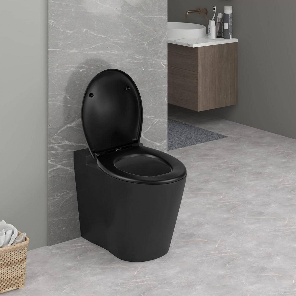 WC SITZ mit Absenkautomatik, Antibakteriell, Matt-schwarz - Schwarz, Kunststoff (37/2.5/45cm) - Woltu