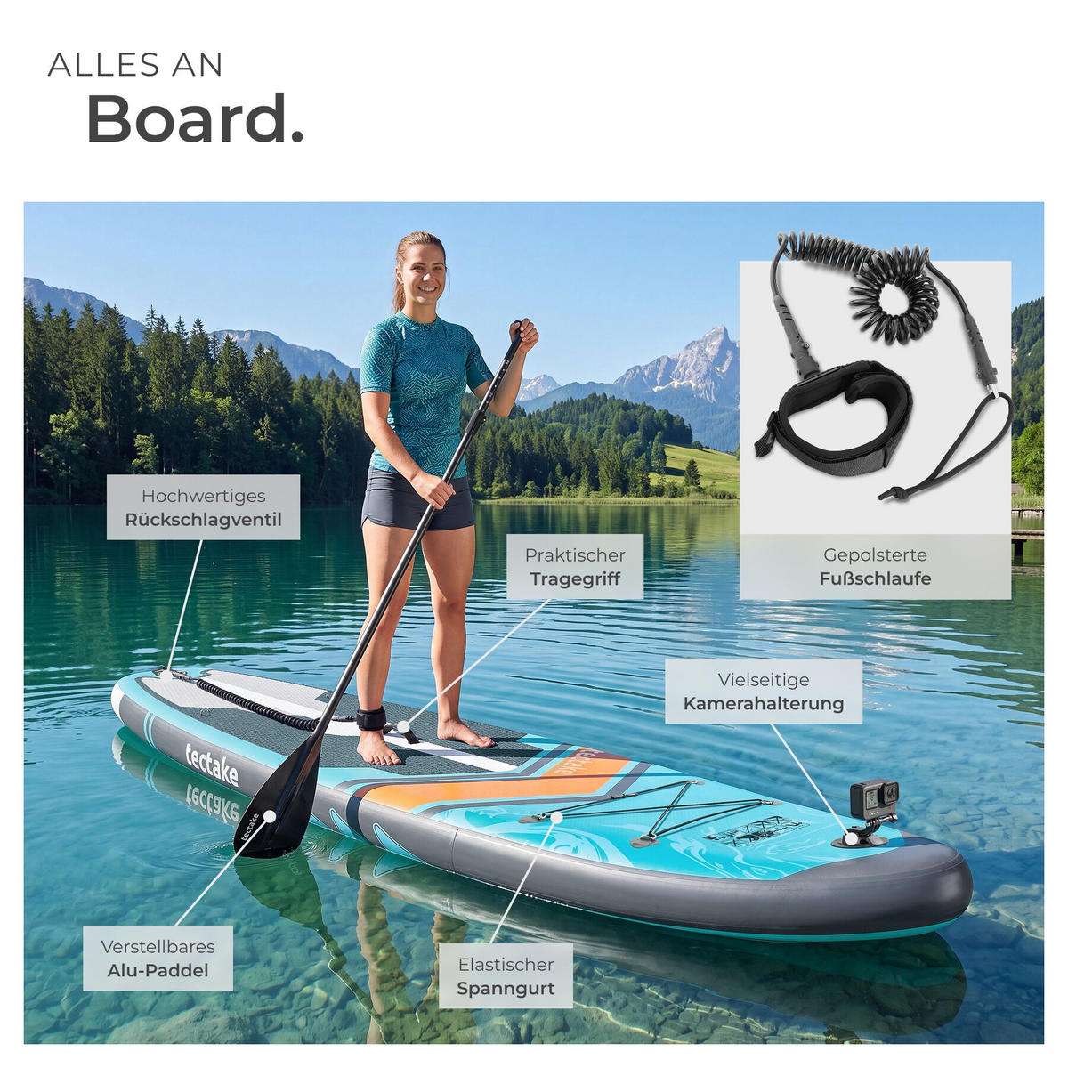 STAND-UP PADDLE BOARD Palagios, Belastbarkeit 200 kg, inklusive Kajak-Sitz, türkis/orange - Türkis, Kunststoff (320/84/0.4cm) - tectake