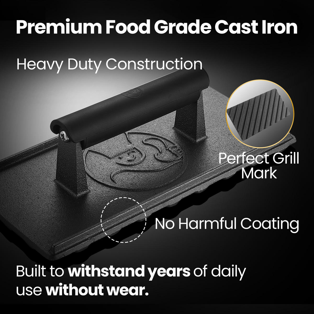 GRILLPRESSE,GRILLPRESSE, Schwarz, 3lb Gusseisen, Smash-Burger-Presse mit Hitzeschutzgriff - Schwarz, Metall (24/6.5/12cm) - Gourmet Easy